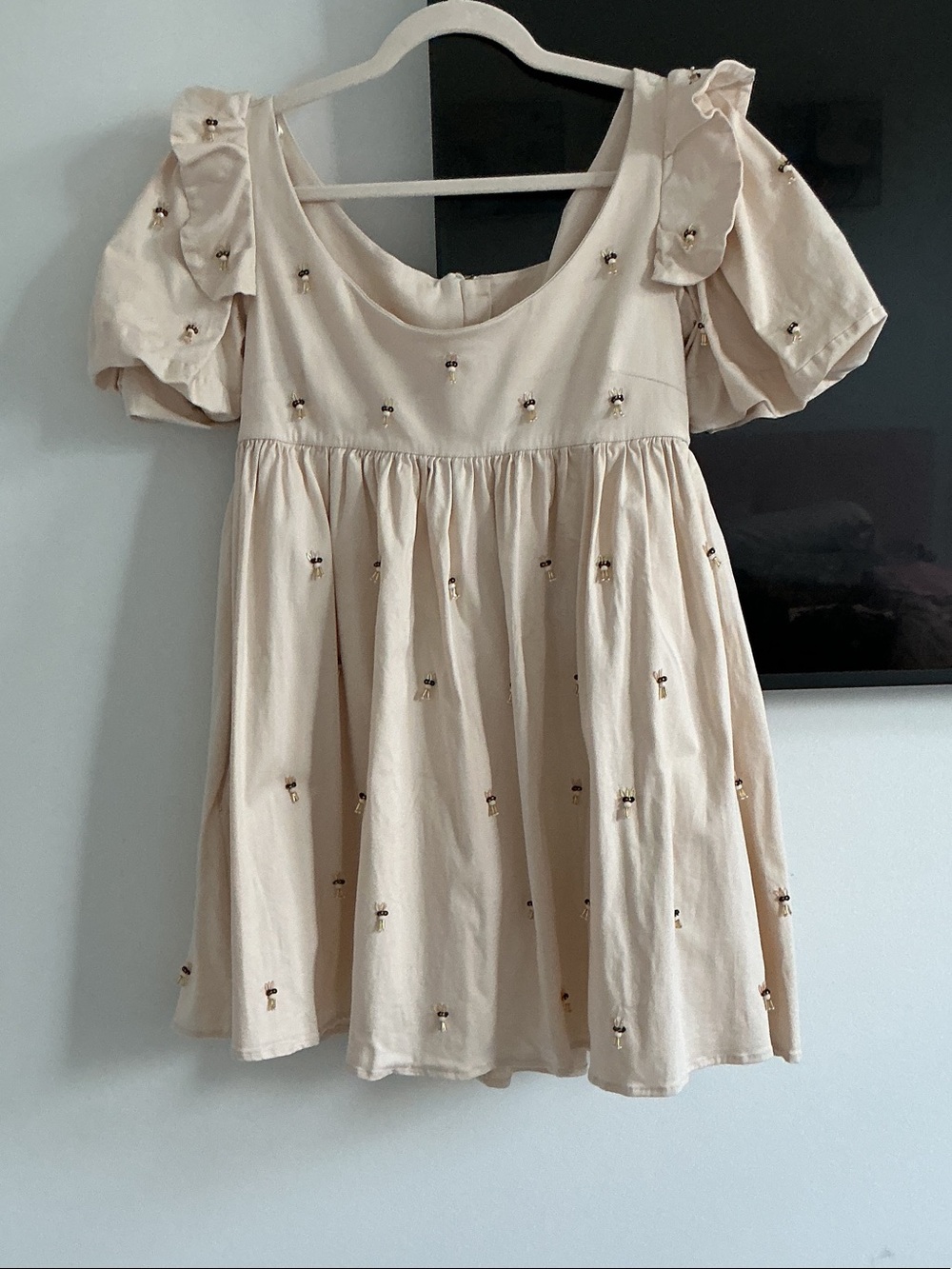 Agua by Agua Bendita Cream Embroidered Puff-Sleeve Mini Dress